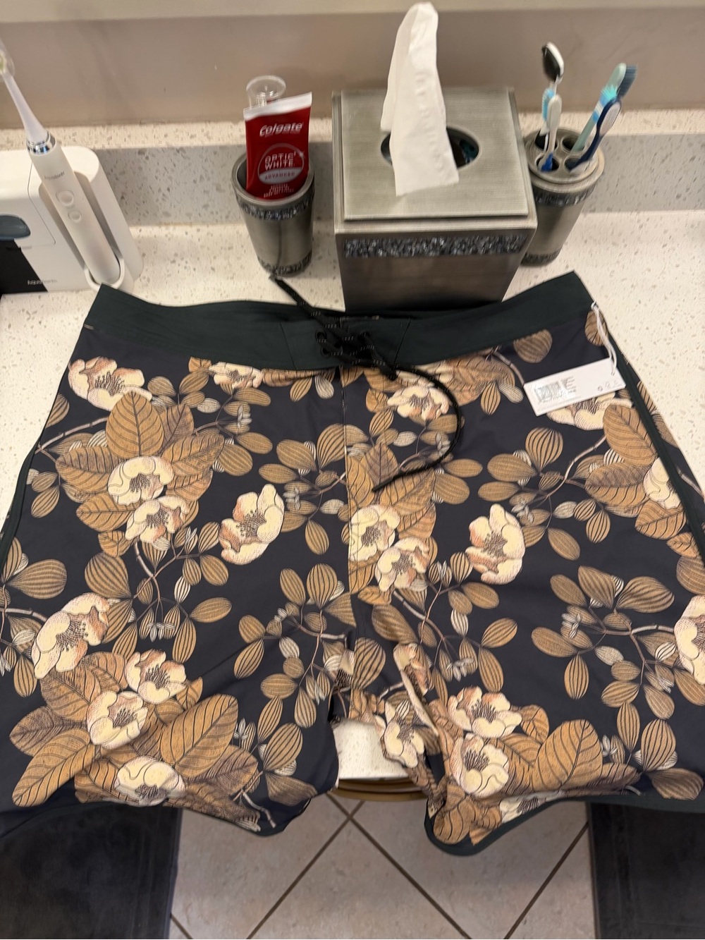 Outerknown Charcoal Board Shorts with Gold Floral Print